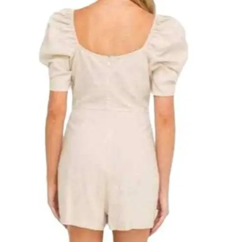 All in Favor Puff Sleeve Linen Blend Romper Cream Womens Small