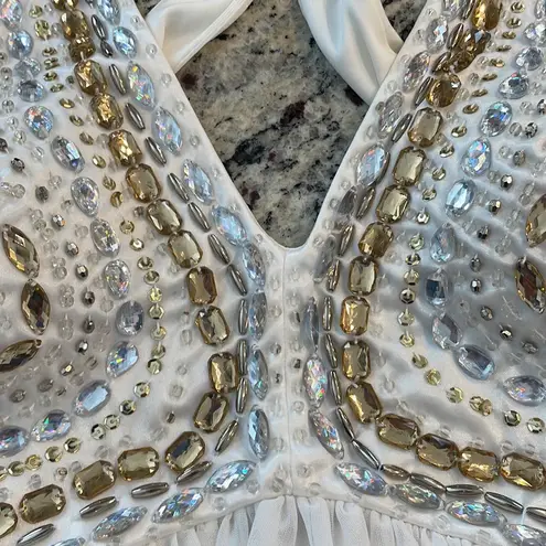 Sequin Hearts white beaded halter lined chiffon open back full length dress Size undefined