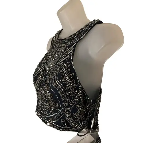 Madison James Navy Beaded Halter Prom Gown With Open Back Size 10 long 2 piece