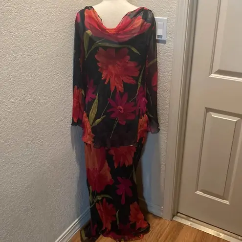 Vintage Cattiva Silk Floral Maxi Dress Sheer 2 Piece EUC Sz M Blk/Red Sleeveless Size M