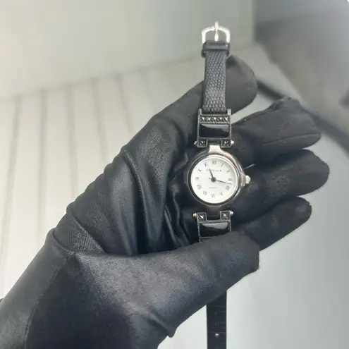 Judith Jack Vintage Black Leather Strap Womenโs Watch โ Sterling Silver Accents Gold