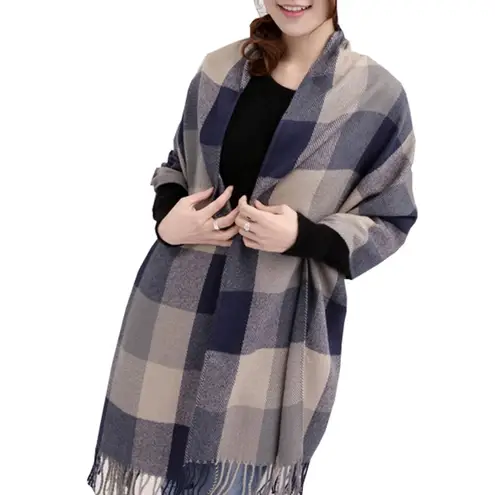 Wander Agio Shawl Big Grid Lattice Scarf Women's Fashion Long Large Winter Warm Blue