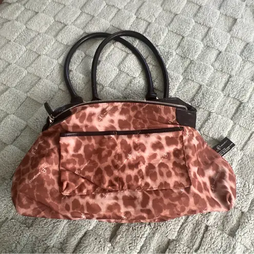 B MAKOWSKY Medium Blk Leather 2 Handle 3 Section Leopard Lining W/ Zippered Area Black