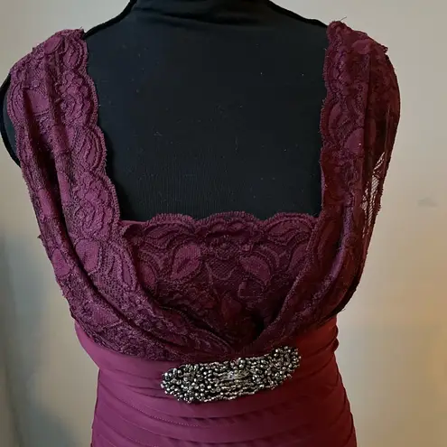 Betsy and Adam maroon v neck lace overlay pleated bottom cocktail dress size 6