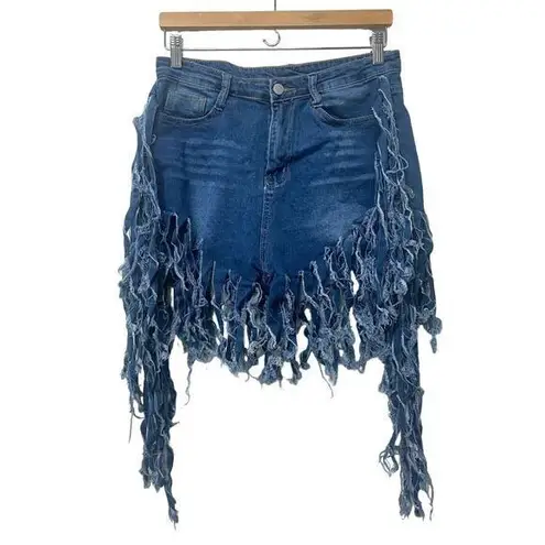 Women's Fringe Shorts Distressed Denim Short Size M Blue Grunge Handcut Size M