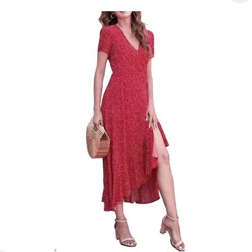 ZESICA Women's Bohemian Floral Printed Wrap V Neck Short Sleeve Split Beach S Red