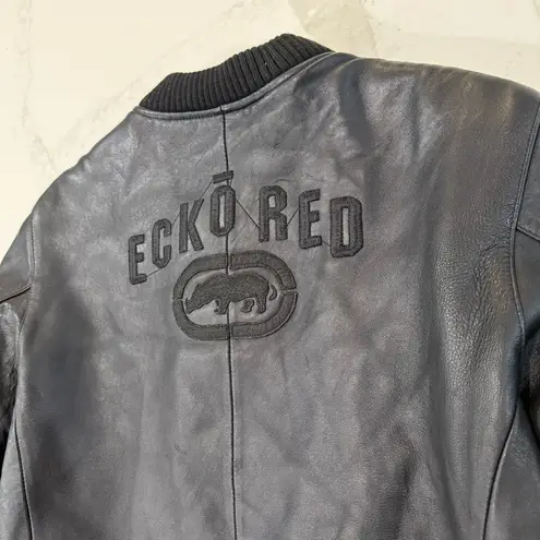 Vintage Y2K Ecko Unlimited Reversible Leather Bomber Jacket Red Fur Womens Large Black