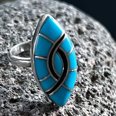 Native American Zuni Channel Inlay Turquoise Sterling Silver Ring by Amy Wesley Blue Size 6