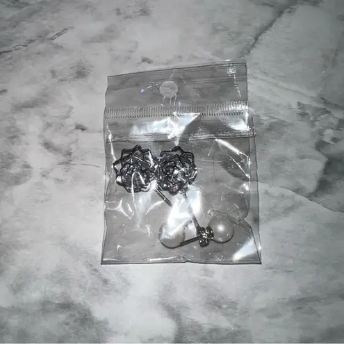 Sparkly, Rose Stud Drop Fashion Earrings, Silver, Pearl Silver