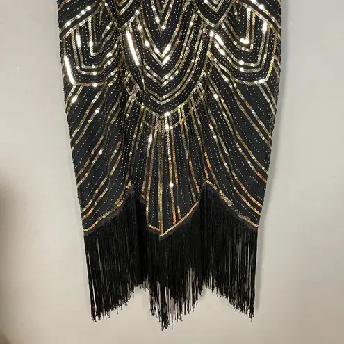 Fundaisy Flapper Dress NYE Beads Sequins Fringe Sz 2XL Great Gatsby 1920s Party Black