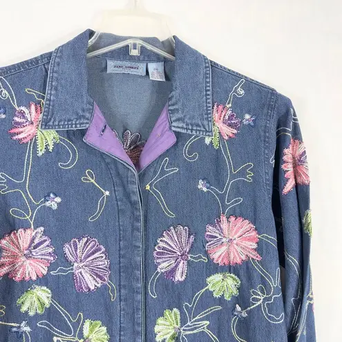 Jane Ashley Medium Petite Top Shacket Beaded Denim Blue Embroidered Button 1480