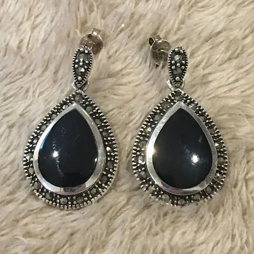 Onyx Vintage Marcasite Sterling Silver Tear Drop Shaped Earrings