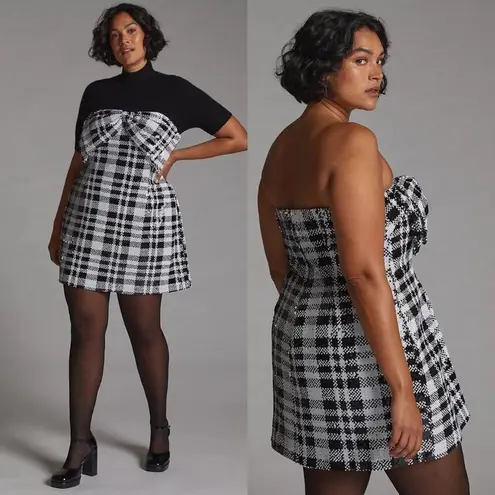 NWT Anthropologie Eva Franco Sequined Plaid Bow Strapless Mini Dress US 10 Black