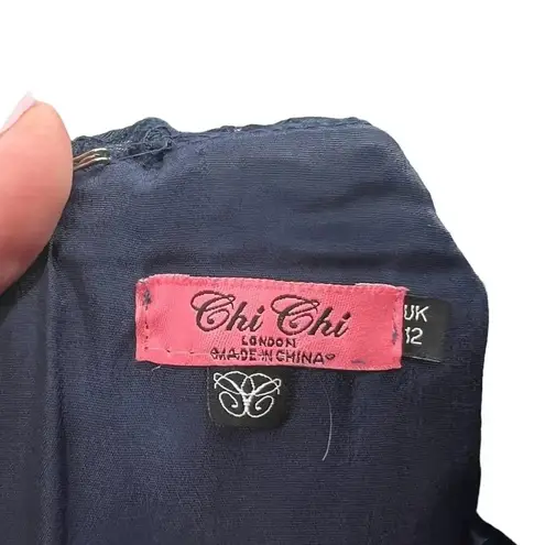 Chi Chi London Sheridan Dress Navy Blue Embroidered Short Sleeve UK 12 US 8