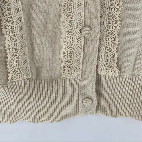 Soft Cream Knit Lace Trim Button Front Long Sleeve Cardigan Feminine Coquette