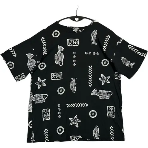 Vintageā Women's Tropical Print Black T Shirt Oversized Crew Neck Beach One Size Size undefined