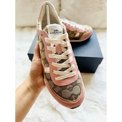 Coach NIB  C142 Sig Jacq Runner Sneaker Size 6/36 Khaki/Petal LDL Pink/Rosegold