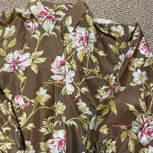 Whistles 100% Silk Brown Floral Long Sleeve Button Up Shirt Womens Size L Size L