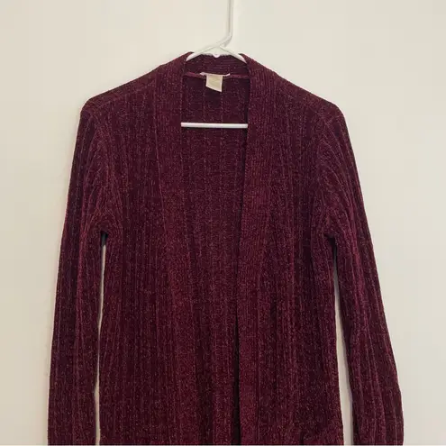 MATTY M Chenille Cardigan Burgundy Maroon Red Ribbed Chunky Knit Long Sweater S