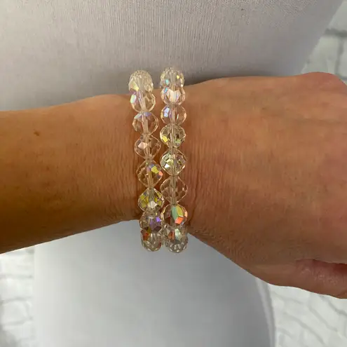 Jewelry necklace earrings and bracelet set Iridescent clear sparkle beads Silver