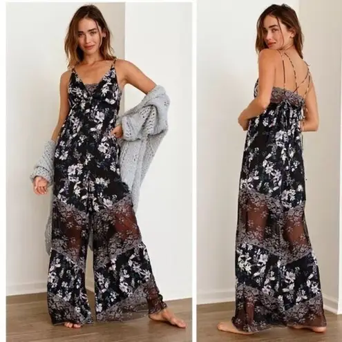 Free People NEW ‎ Black Love Letter Floral Lace Wide Leg Romper/Jumpsuit Size XS