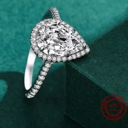 Sterling Silver SIZE 7 925 3CT Emerald Cut Sparkling Water Drop Shape Rings