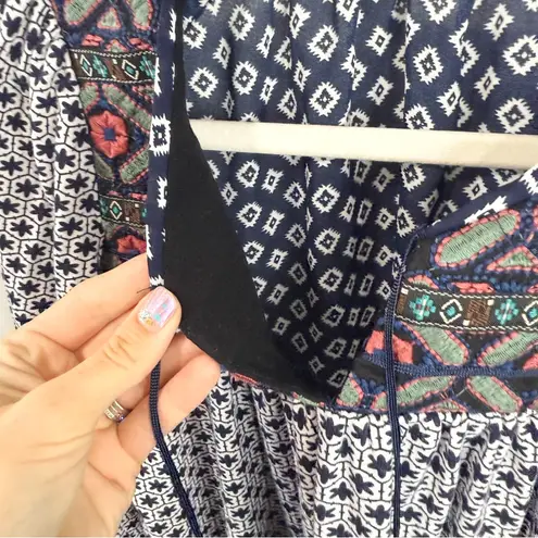 Ezra Boho Embroidered Tassel Blouse Navy White XS