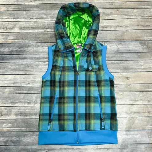 Burton Turquoise Blue Green Black Plaid Hooded Dry Ride Zip Up Collared Vest