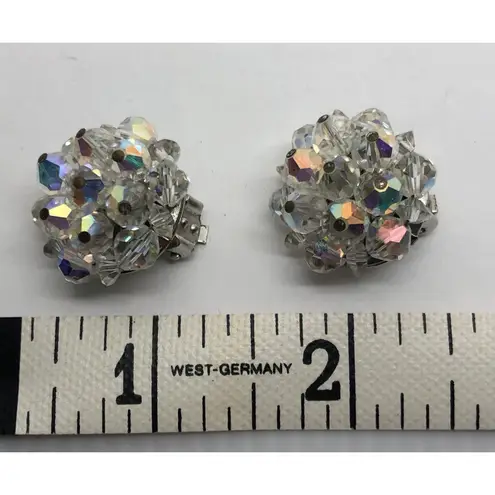 Vintage 1950s Laguna Earrings Aurora Borealis Crystal Bead Clip On Silver Tone