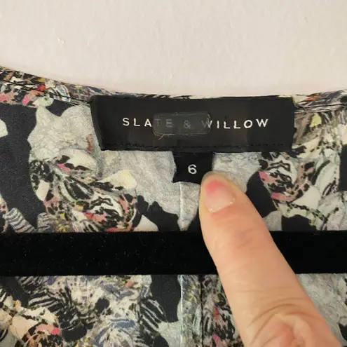 Slate + Willow Gray Black Multicolor Flowy Midi Dress 100% Silk Women's size 6