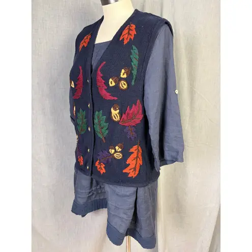 Jennifer Moore Vintage Autumn Leaf Sweater Novelty Vest Embroidered Navy L
