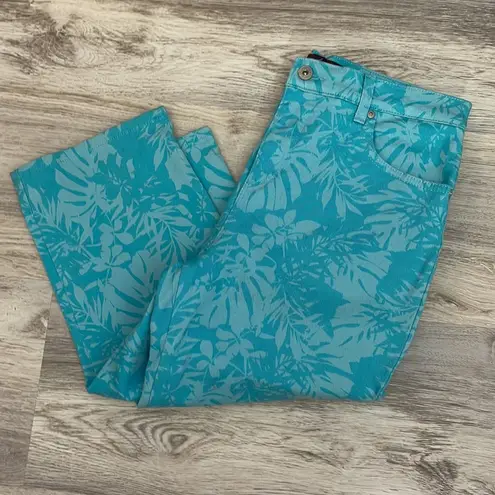 Gloria Vanderbilt Teel & Light Blue Stretchy Capri Jeans Leaf Print Size 8P