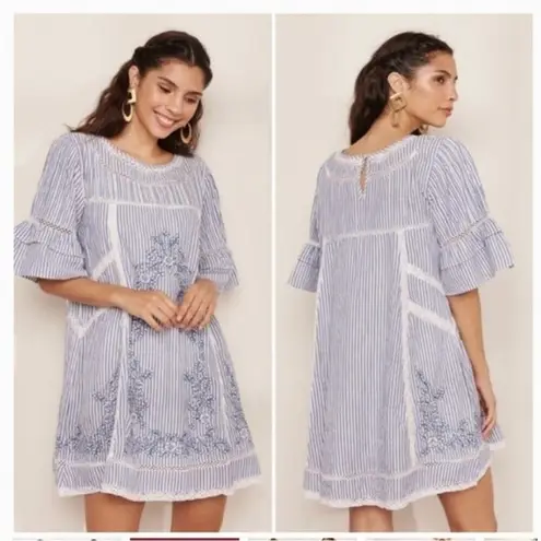 Free People  Sunny Day Striped Embroidered Ruffle Trapeze Mini Dress Blue White