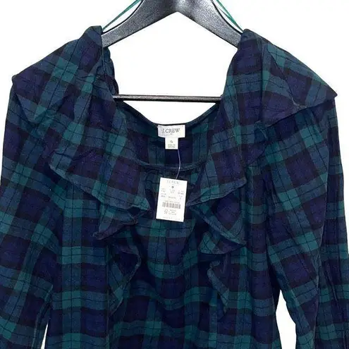J. Crew Blackwatch Blue Green Flannel Squareneck Ruffle Top Size Small NWT