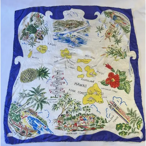 Vintage Hawaii Map Silk Scarf Blue White 50s