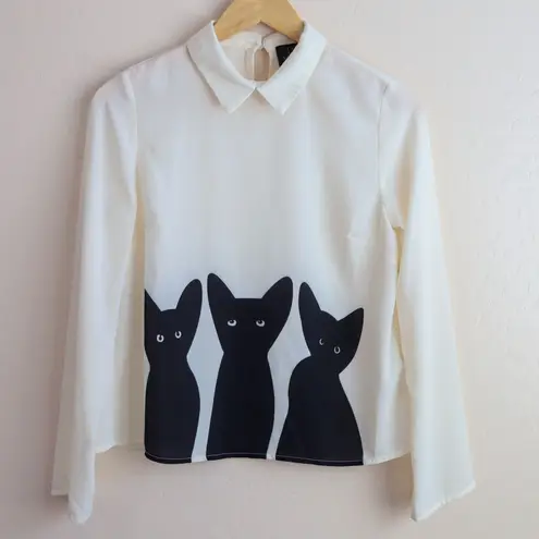 The Moon Cream Long Sleeve Chiffon Blouse Black Cat Print Collar Top Women's S