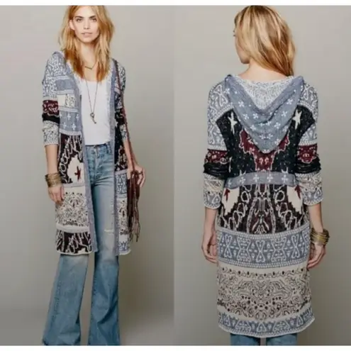 Free People Americana Cardigan Womens XS Duster Hooded Boho Patchwork Oversized Blue
