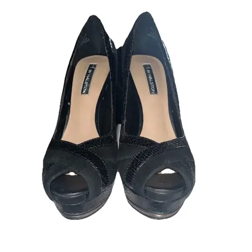 H by Halston Black Suede Snake Accents Platform Peep Toe Stiletto Women's Size 6