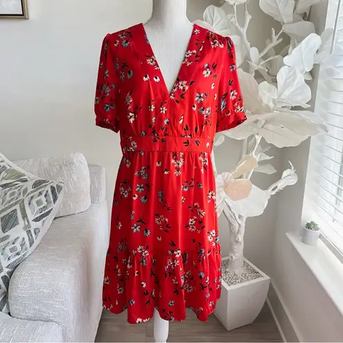 Jill Stuart Red Floral Ruffle Short Sleeve Shift Dress