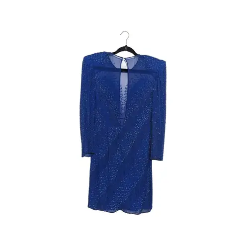 Vintage Silk Beaded Long Sleeve Cocktail Dress Shoulder Pads Illusion Neckline Blue Size M