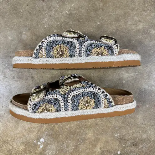 House of Harlow 1960 Women’s 7.5 Beaded Slide Buckle Sandals Rope Espadrille Brown