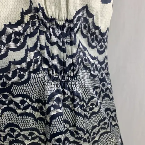 CAbi Silk Chantilly Lace Black White Silver Blouse Top Size Small