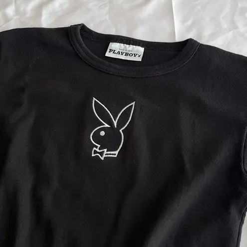 Playboy  Y2K Bunny Black & White Short Sleeve Top Embroidered Bunny‎
