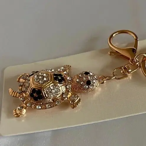 None Turtle Bag And Key Chain Charm Black/White Crystal Rhinestone Gold Tone Hardware