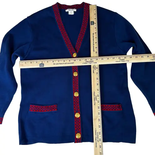 Navy Vtg Cardigan Sweater Red Checkerboard Trim Gold Buttons Sz Med Blue