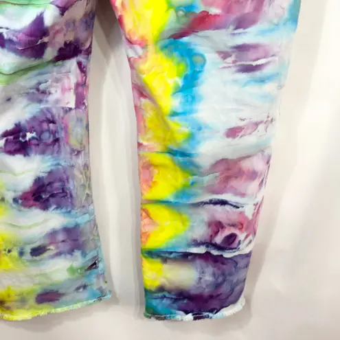 Crown & Ivy  Sz 16 Capri Jeans Handmade Tie Dye Denim Yellow Purple Raw Hem 1478