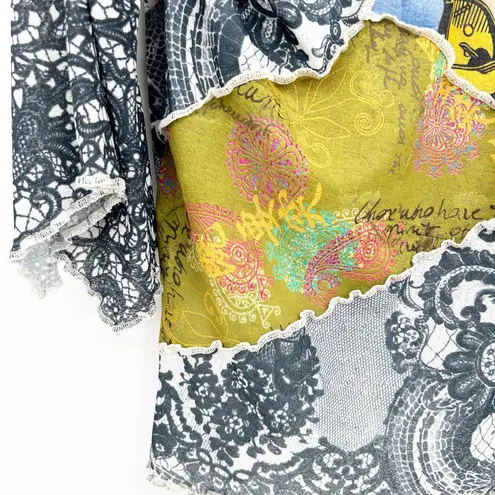 Womens Artsy Art To Wear Deco Boho Lagenlook 3/4 Sleeve Patchwork Floral Blouse Black Size M