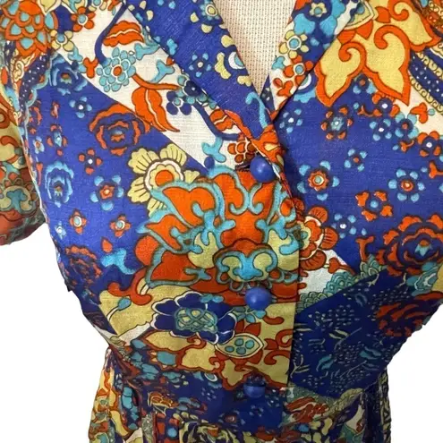 Vintage Floral Handmade Dress Retro 70s Button Front Medium Blue