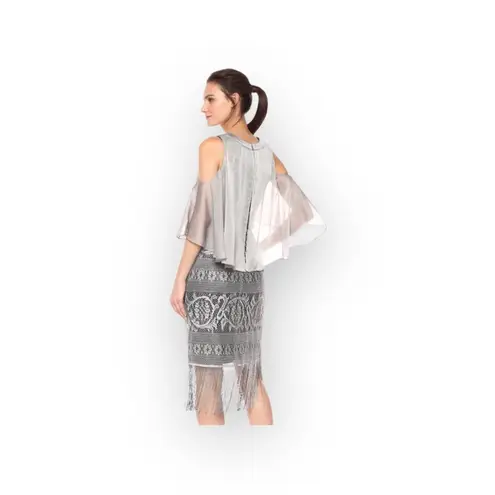 Slny new SL ᯾ Cold Shoulder Cape Popover Fringe Cocktail Dress ᯾ Silver ᯾ Small