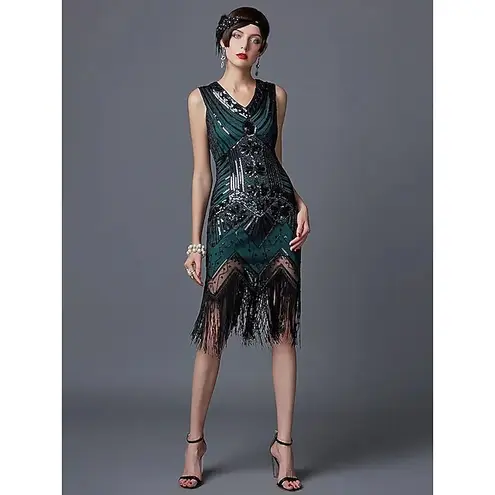 Roaring 20s Dark Green Beaded Sequin Flapper Fringe Party Dress XL Midi